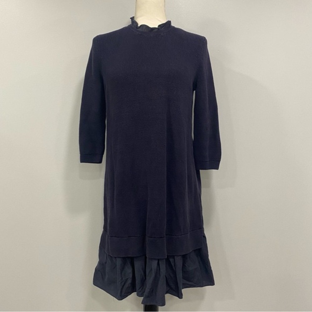 COS XS Blue Knit Cotton Silk Sweater Dress Ruffle Hem Modern Preppy 3/4 Sleeve*